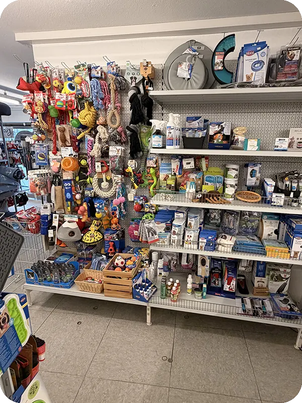 Bunte Vielfalt an Hundespielzeug, Pflegeprodukten und Zubehör für jeden Bedarf.