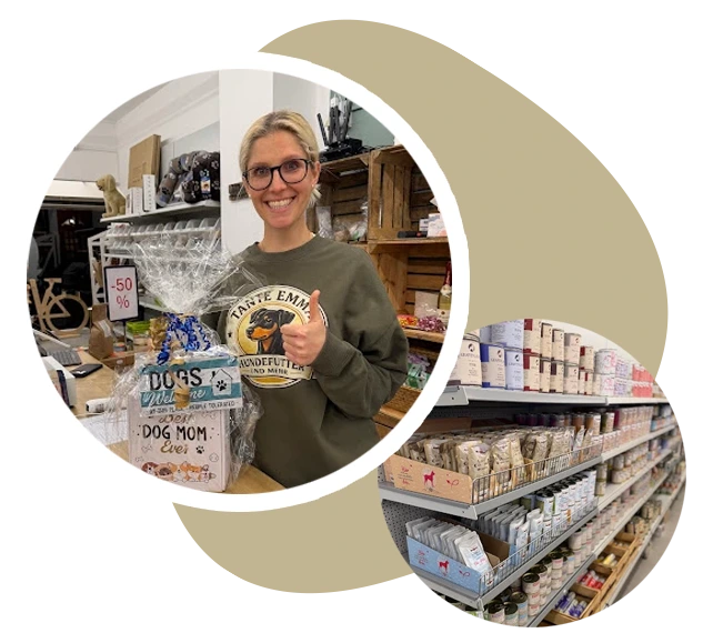 Eine Komposition aus zwei Bildern. Eines zeigt die Inhaberin in Ihrem Laden und das andere zeigt einen Auszug des Sortiments.